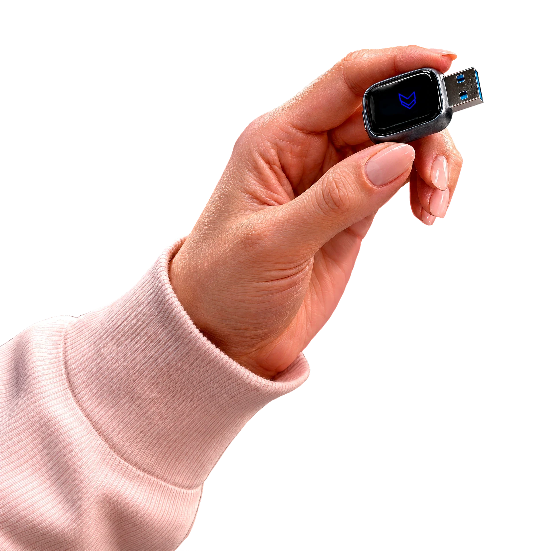 Render do Faaftech Dongle segurado entre os dedos, mostrando a escala compacta e o acabamento do produto