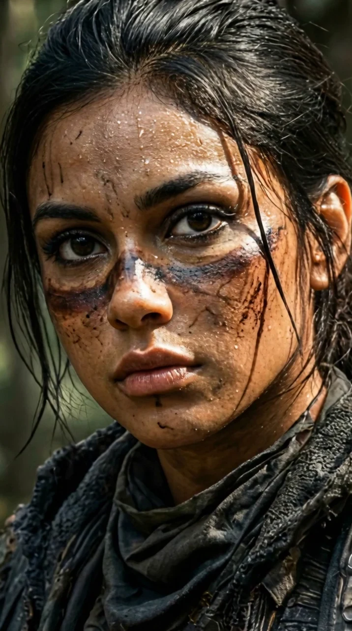 Close cinematográfico de uma personagem com marcas de batalha no rosto
