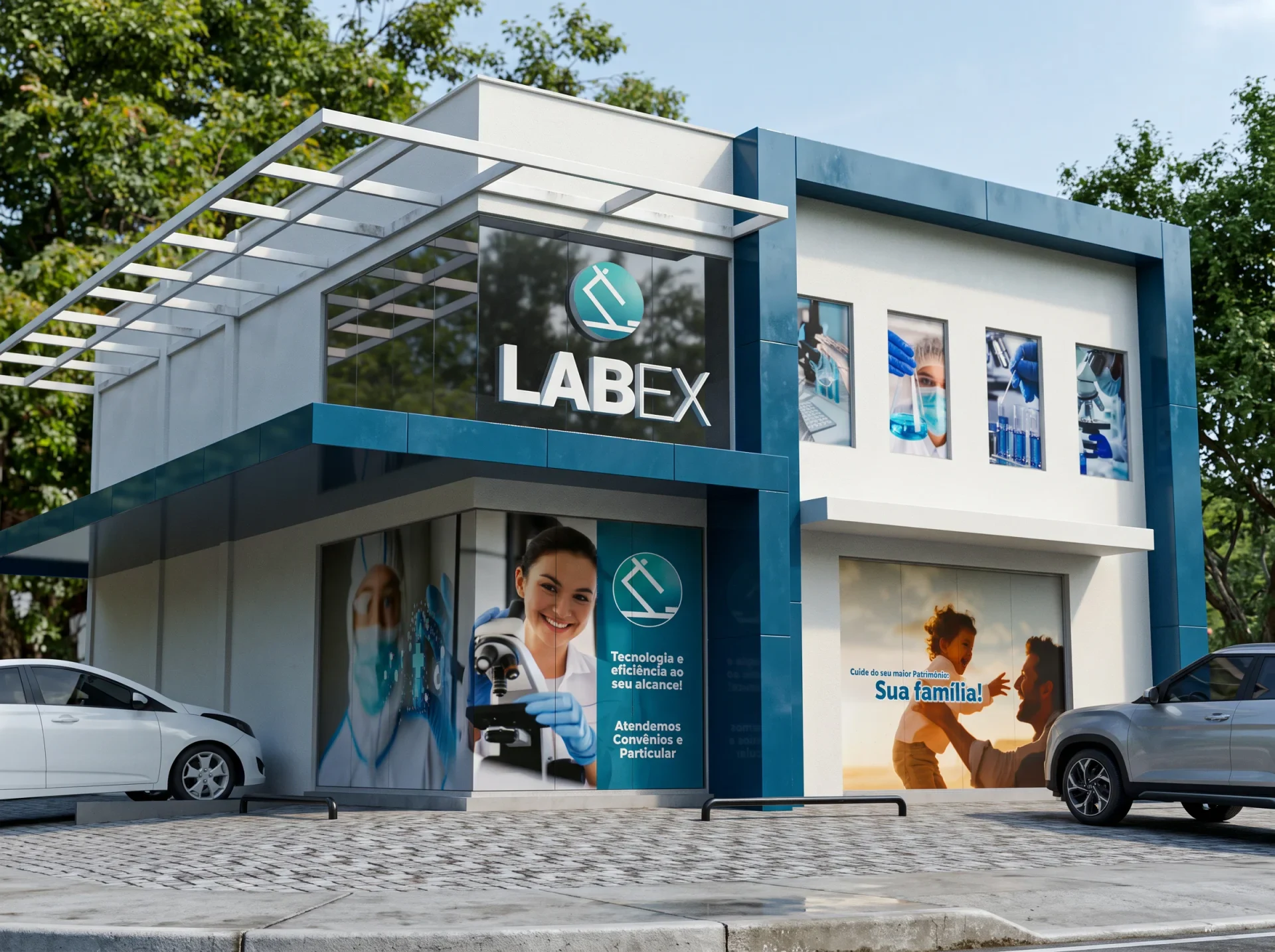 Visualização da fachada LABEX com letreiro em volume, revestimento azul e comunicação aplicada aos vidros