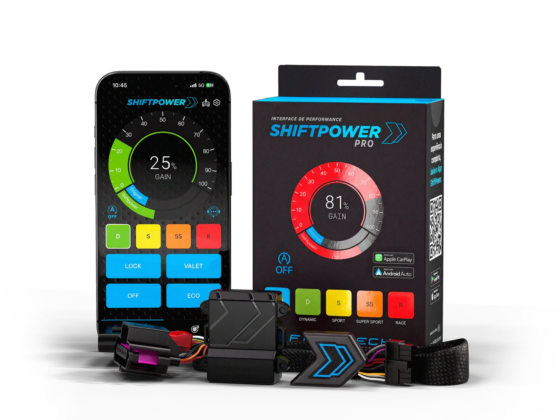 Novo render do conjunto Shiftpower Pro com interface do aplicativo, embalagem e componentes