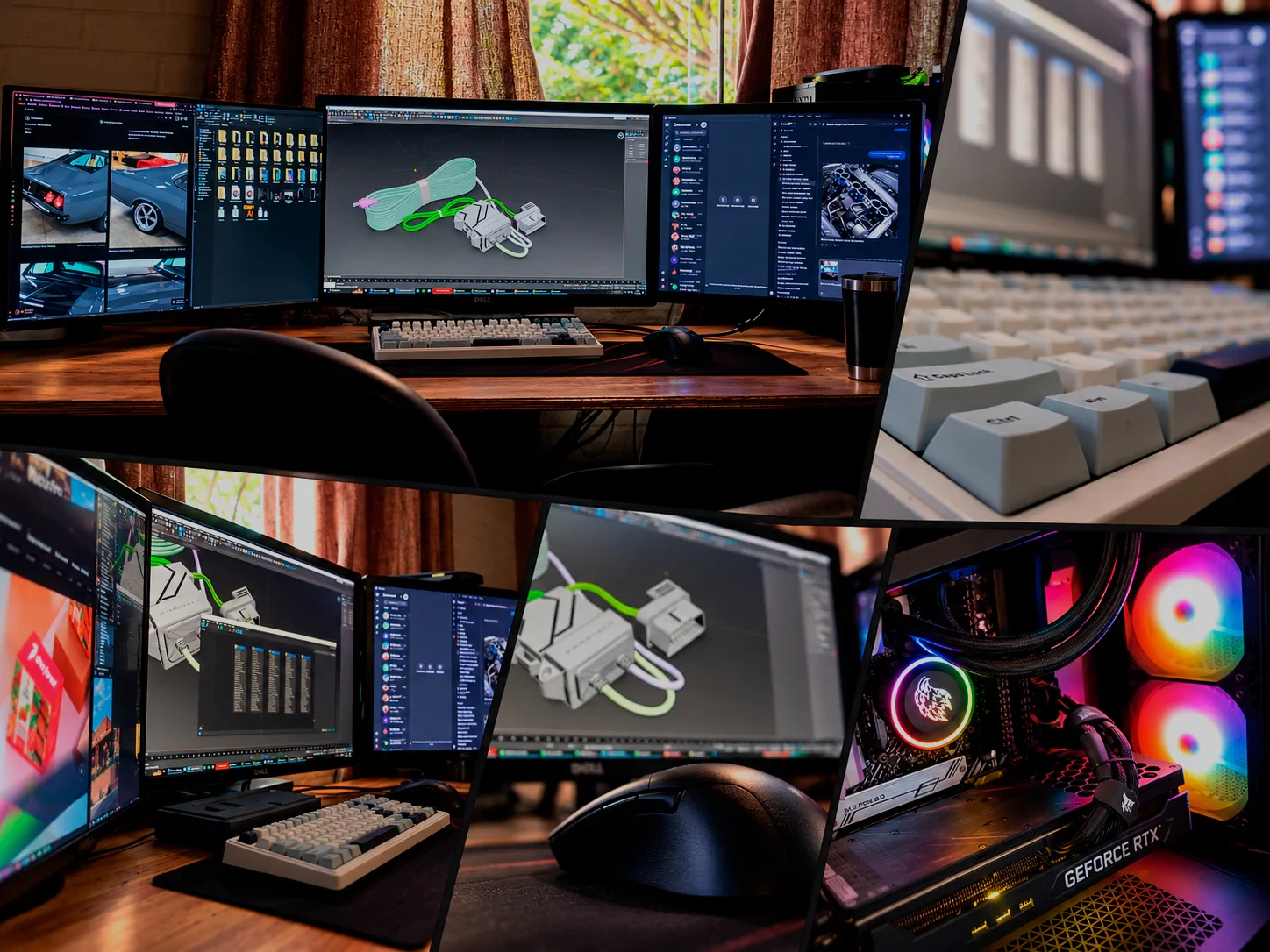 Montagem em cinco ângulos da estação de criação da JR Rendering Studio, com monitores, modelagem 3D, teclado e computador