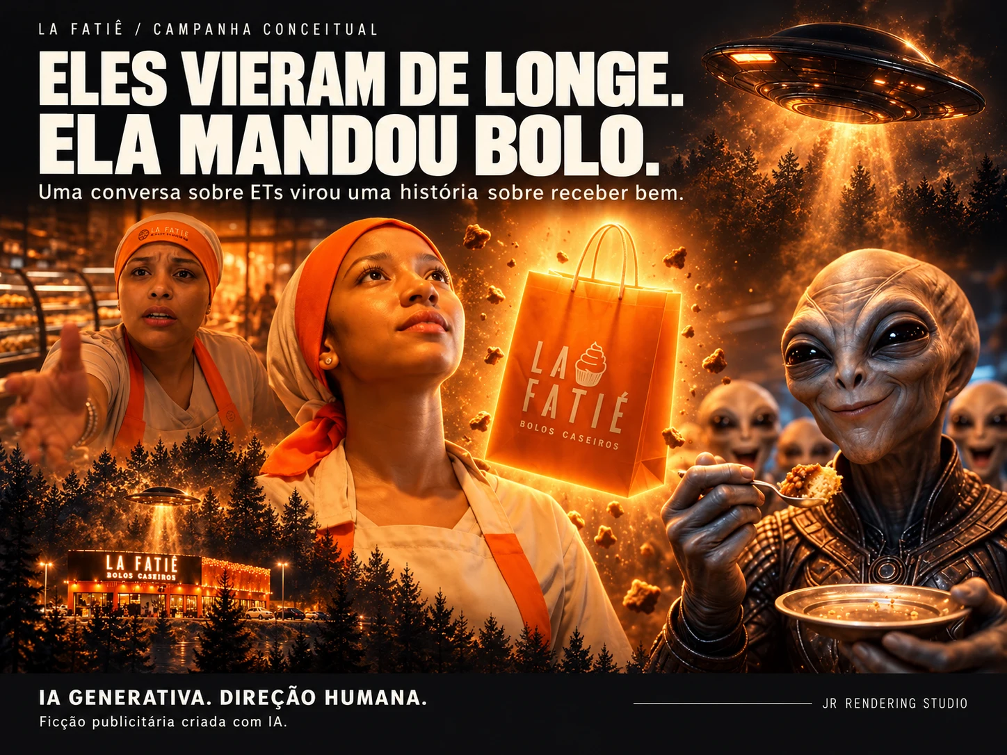 Arte da campanha conceitual La Fatiê: Eles vieram de longe. Ela mandou bolo.