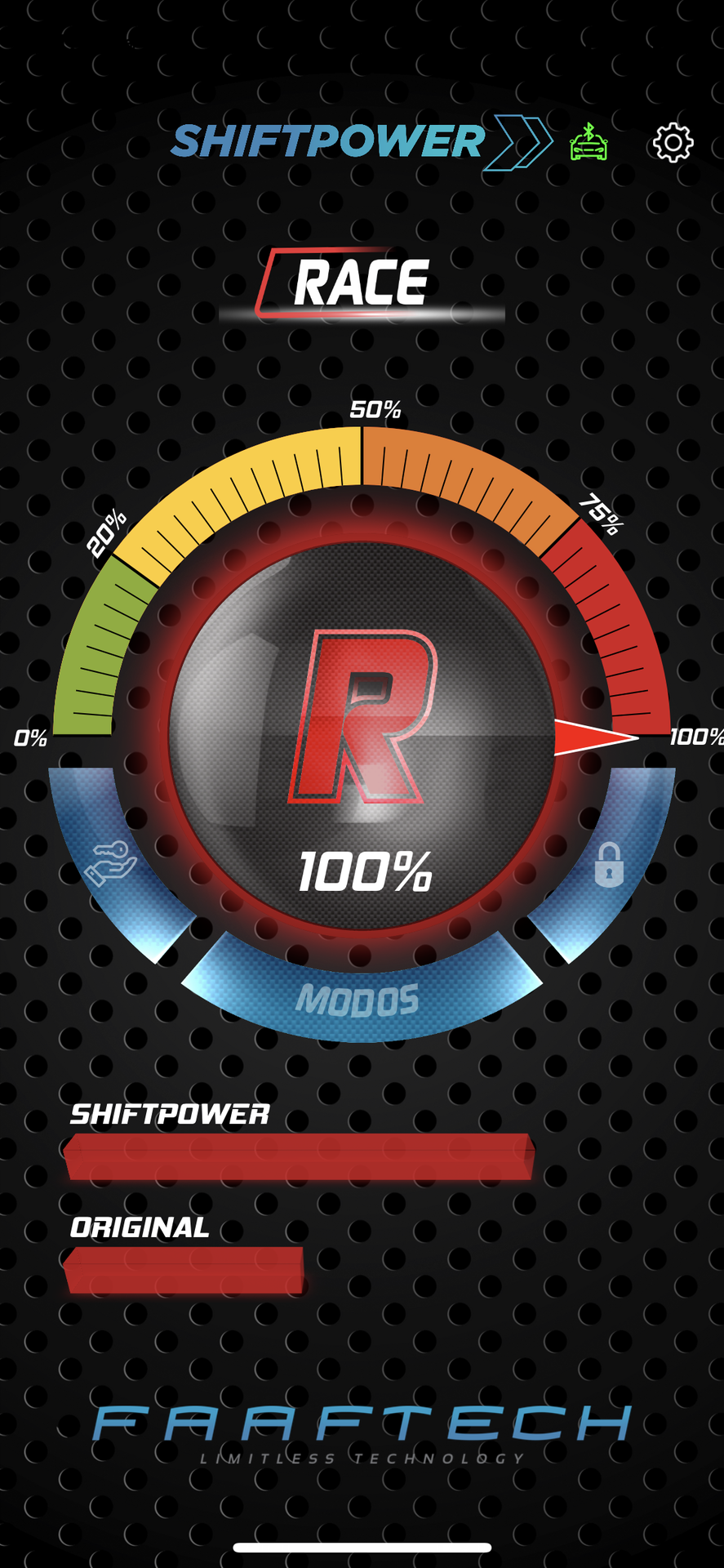 Interface do aplicativo Shiftpower com modo Race selecionado