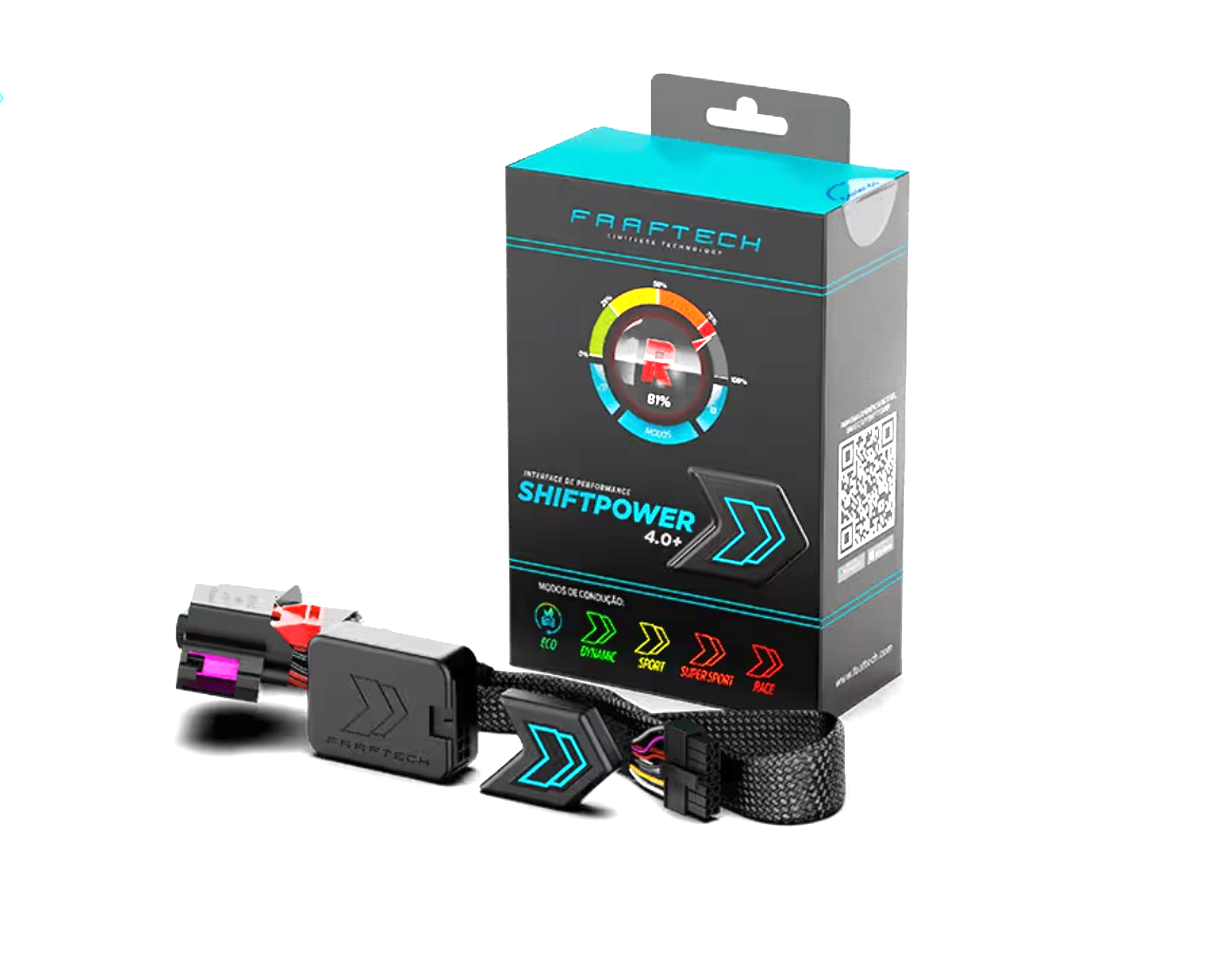 Pack completo do Shiftpower com módulo, botão e embalagem Faaftech