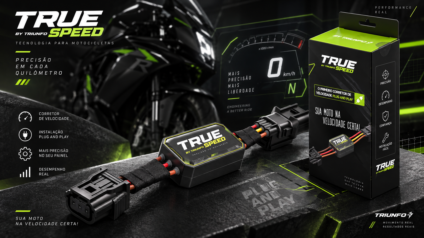 Campanha visual do True Speed com motocicleta, painel e embalagem do produto