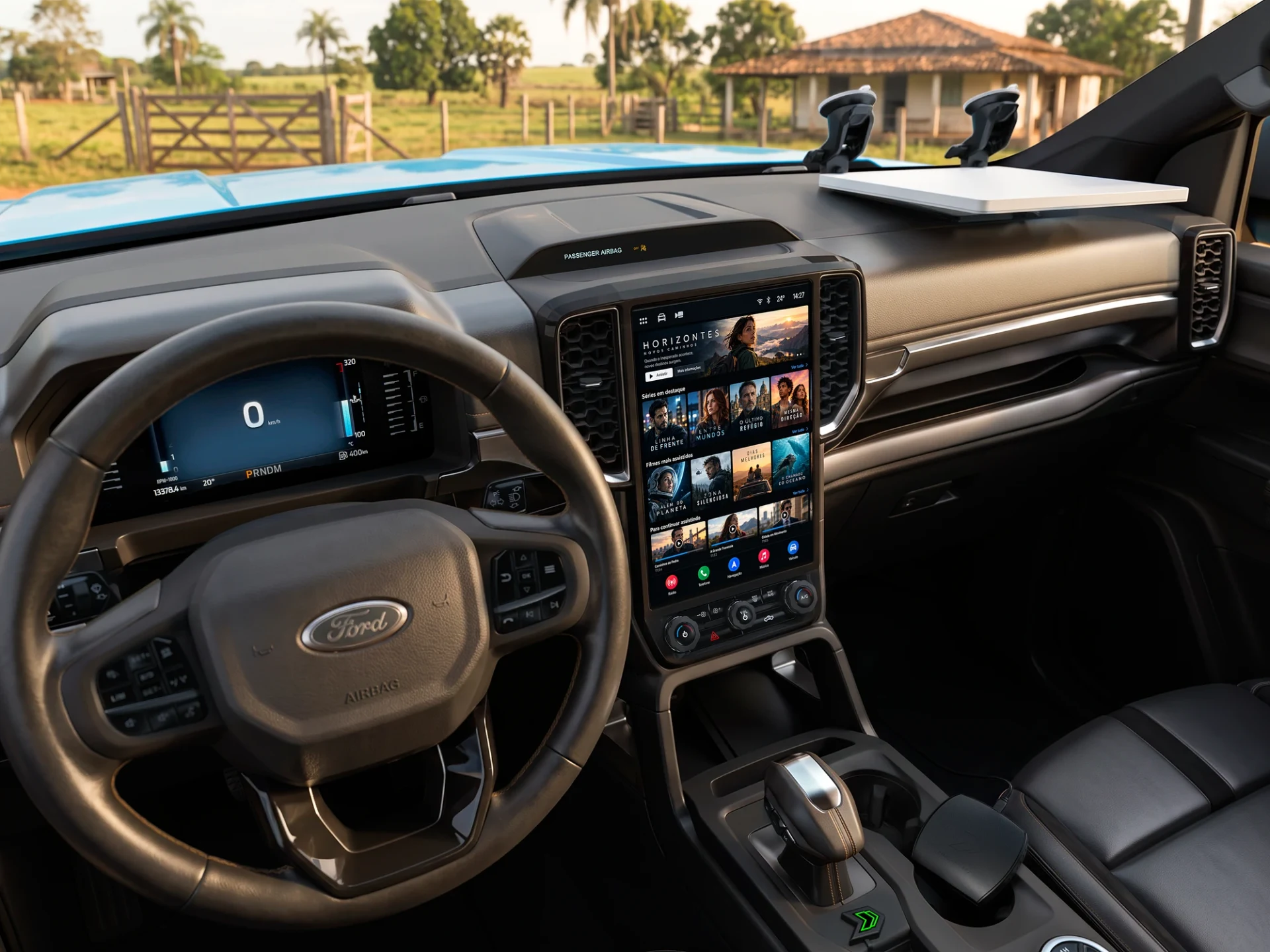 Render ultrarrealista do interior da Ranger, com Starlink Mini no suporte Voltenna Doc sobre o painel