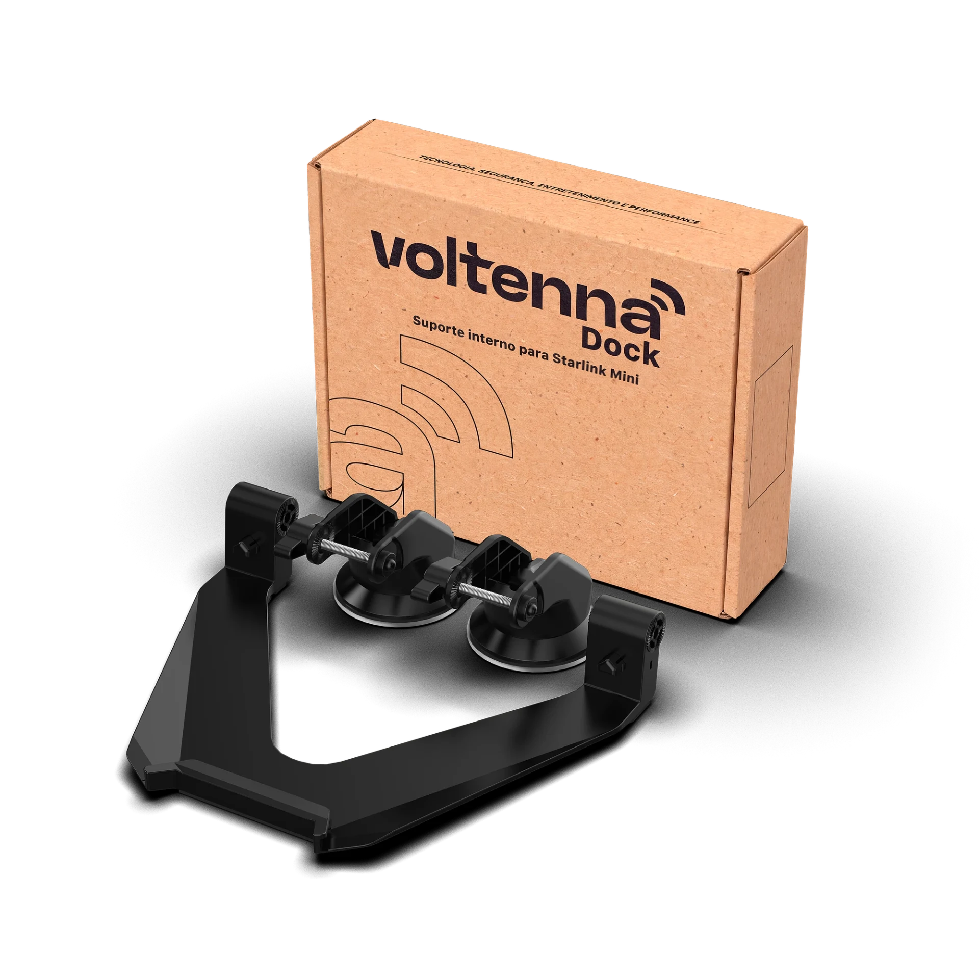 Render da embalagem kraft e do suporte interno Voltenna Doc com ventosas